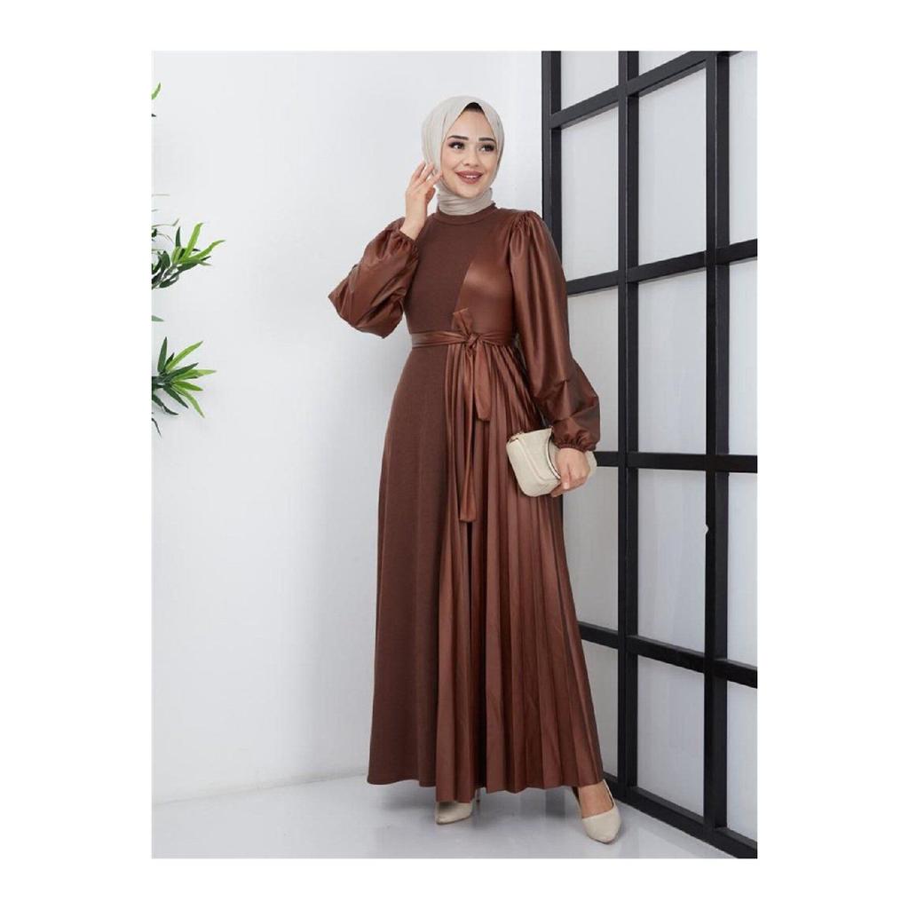 Женское базовое скромное стильное сезонное зимнее кожаное платье-хиджаб Brmck с украшением