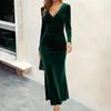 Fall Spring Women Evening Dress Long Sleeves Slim Fit Pure Color Fishtail Hem Velvet V Neck Prom Cocktail Party Midi Dress