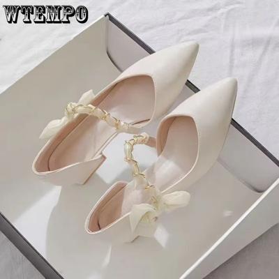 Туфли Мэри Джейн на высоком каблуке, женские летние однотонные туфли на высоком каблуке с острым бантом