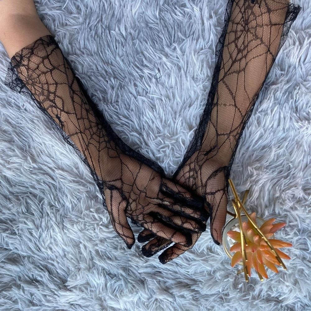 Gauze Spider Web Gloves Solid Color Long Mittens Elegant Women Driving Gloves Outdoor