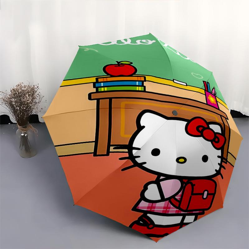 Classroom Hello Kitty Automatic 3-Fold Umbrella Design, Cute Cartoon Pattern, Portable Outdoor Umbrella, Perfect, Holiday Gift for Disney fans.Y017