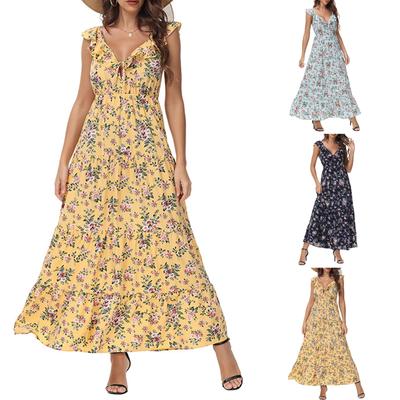 Женское повседневное и модное платье с V-образным вырезом, цветочным принтом, комбинезон и длинная юбка