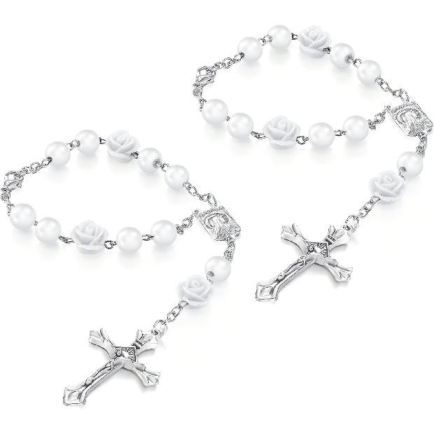 2PCS Car Rose Rosary for Rearview Mirror, Cross Blessing Rear View Mirror Hanging Decors, Auto Interior Hanging Accessories for SUV, Sedan, Truck
