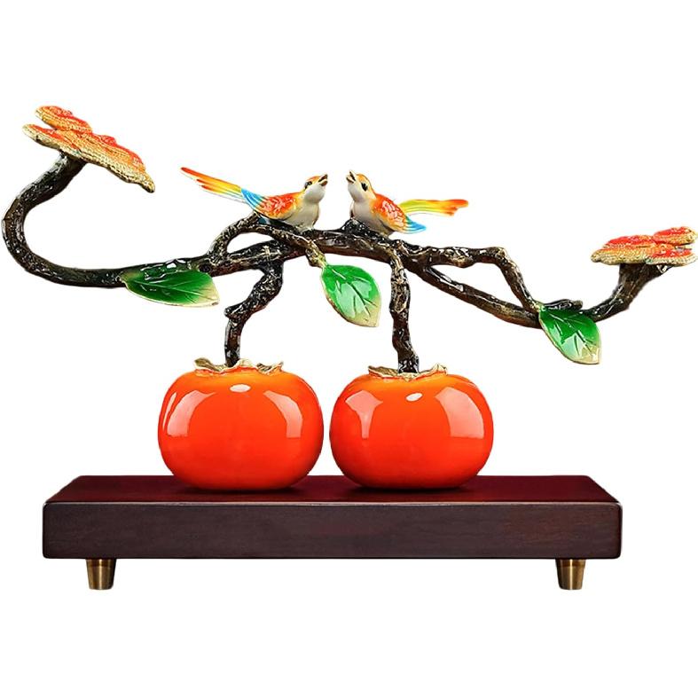 Aris & Juno Hand-Painted Copper Persimmon & Bird Sculpture, Traditional Chinese Everything Goes Well Blessing Statue, Feng Shui Office Desk Home