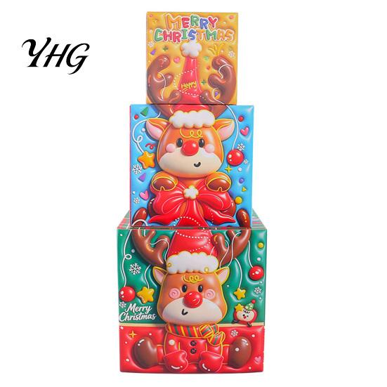 Holiday Gift Storage Containers 3Pcs Christmas Stackable Box, Layered Cube Plastic Boxes with Santa Shop Window Props Snowman Reindeer, Tabletop