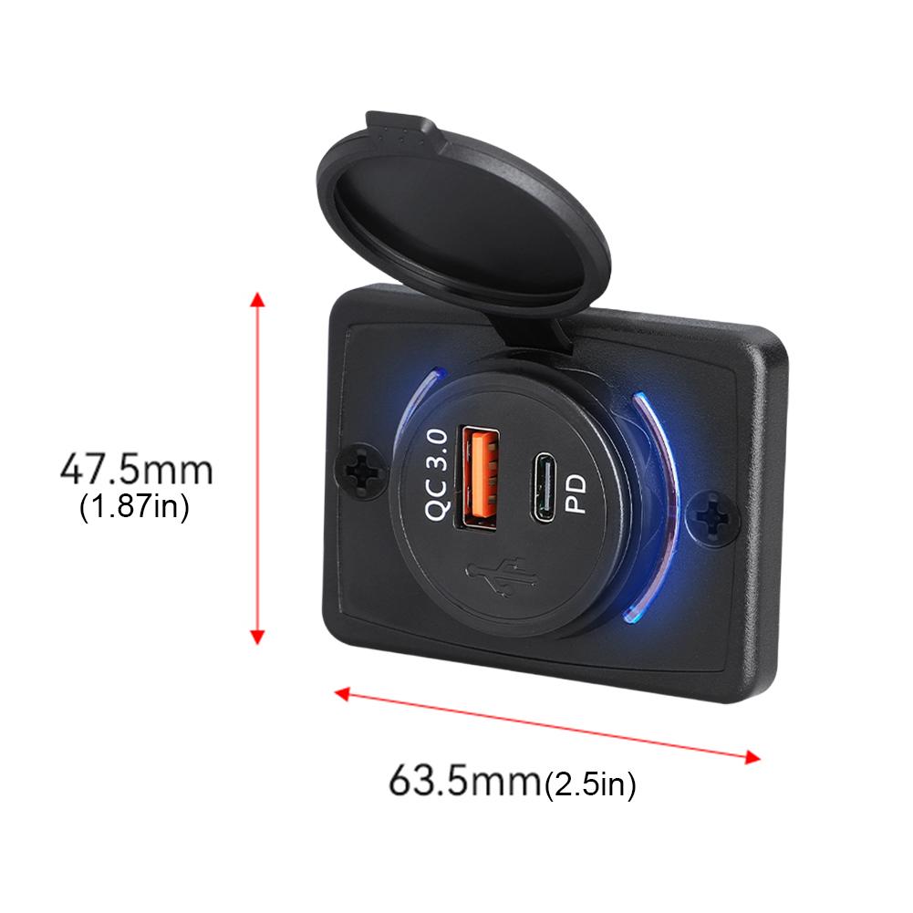 Автомобильное зарядное устройство 12-24 В, 18 Вт PD QC3.0, автомобильные USB-порты для зарядки со светодиодной подсветкой, гнездо для крепления на панель с плоской поверхностью для автомобиля, лодки, морской пехоты