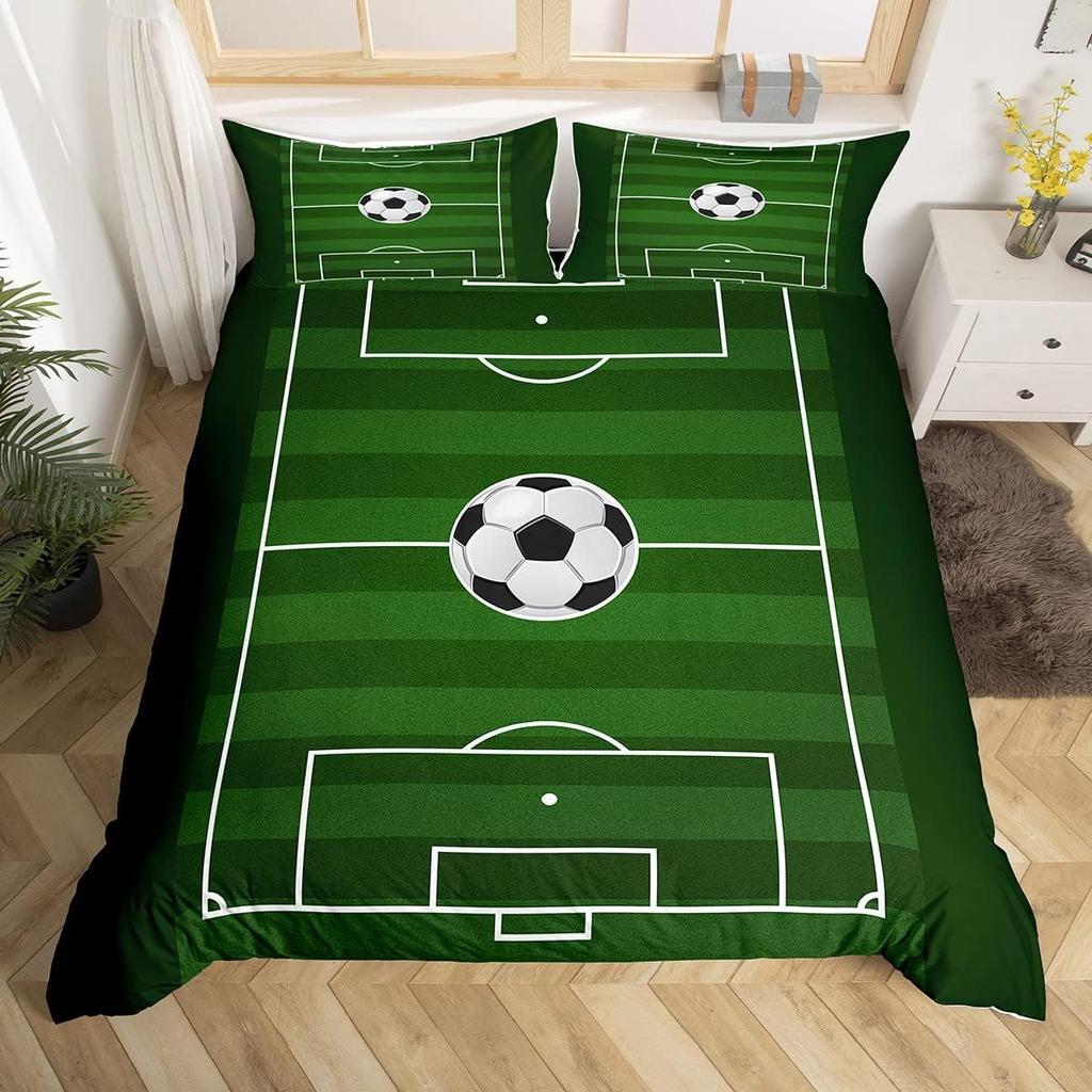 Sports Duvet Cover Set Microfiber Green Grass Field Soccer Playground Comforter Cover 3D Football Bedding Set King Queen Size