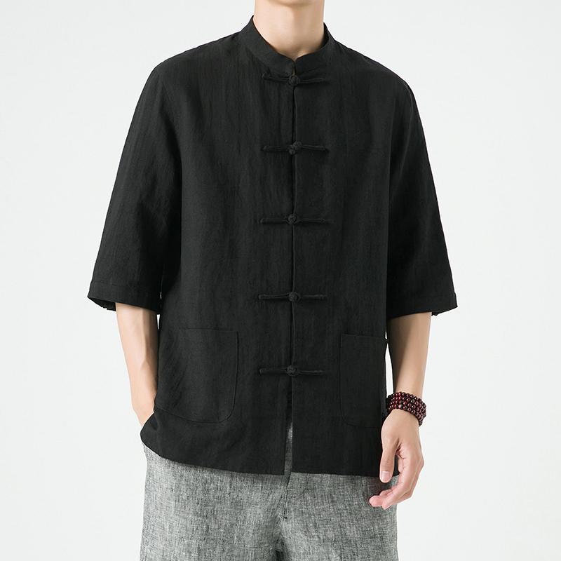 Мужская льняная рубашка в китайском стиле, костюм в китайском стиле Тан, мужская рубашка из хлопка и льна с рукавом три четверти, летний воротник-стойка в стиле ретро