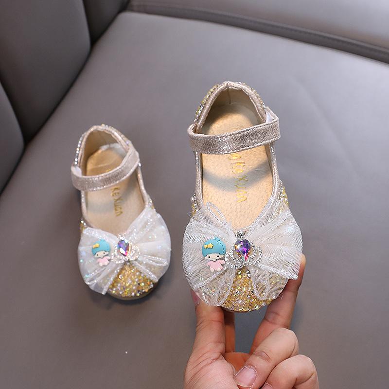 2024 Детская кожаная обувь Весна Осень Новые туфли на плоской подошве для девочек Модные туфли принцессы с пайетками и бантом для балетных выступлений