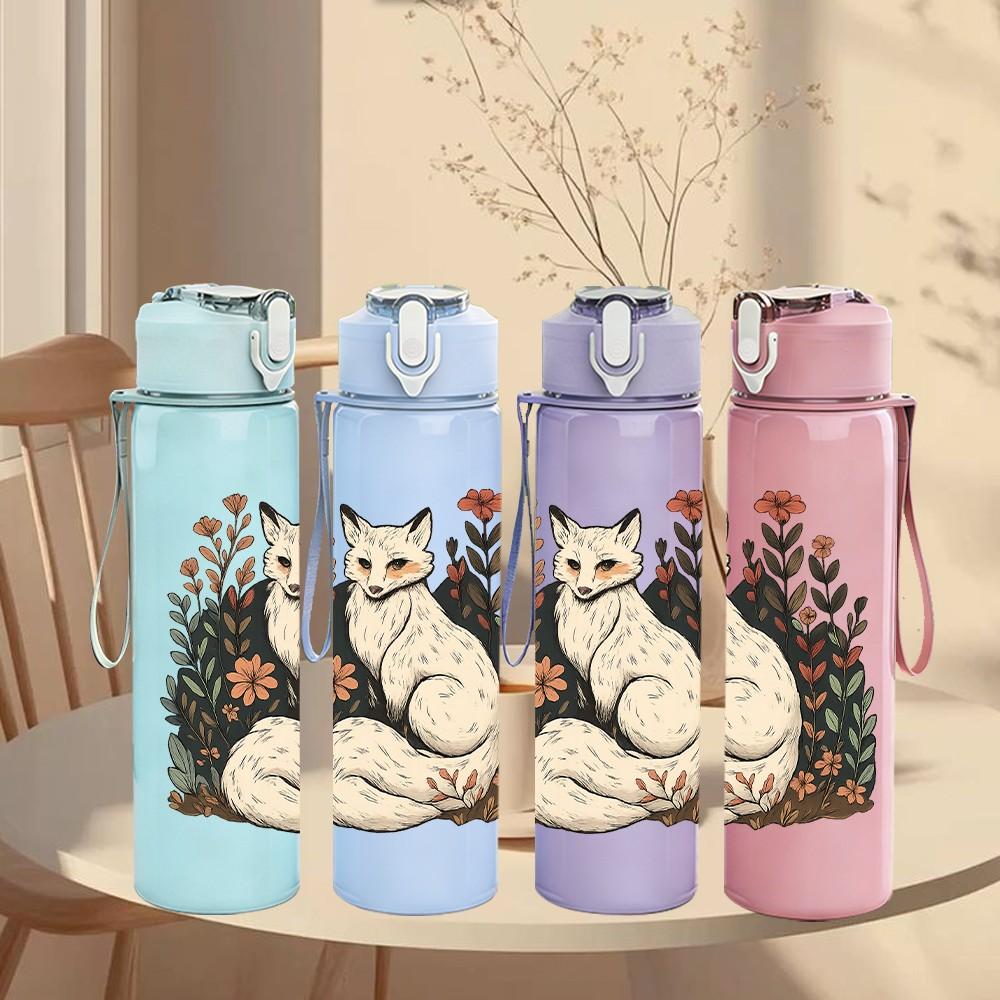 1PC Floral Fox Portrait Art 750ml Color Plastic Sports Water Bottle Leakproof Flip Straw Lid Suitable for Sports Office Home Use