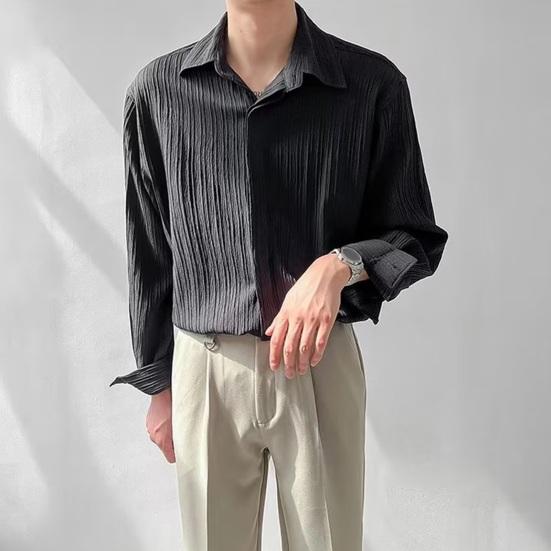 Летняя мужская рубашка с отложным воротником и длинными рукавами, плиссированный однобортный свободный однотонный кардиган на пуговицах, тонкий деловой офис