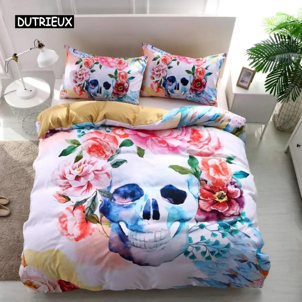 Duvet Cover Set,3D Printed Gothic Skull Bedding Set,Soft Comforter Cover with Zipper Closure and 2 Pillow Shams Sugar Skull