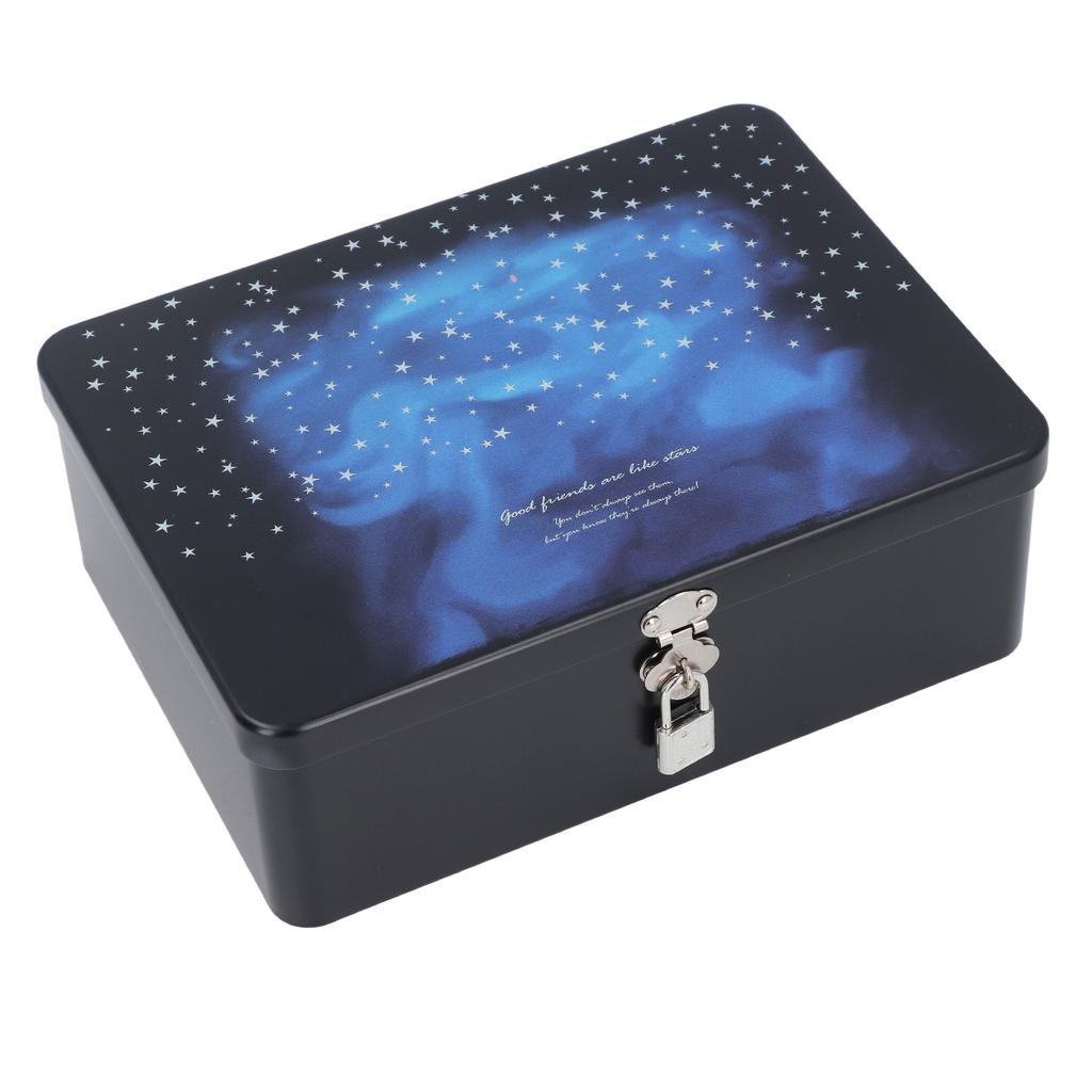 Tinplate Storage Box with Lid Padlock Starry Sky Print Rectangular Vintage Metal Jewelry Case for