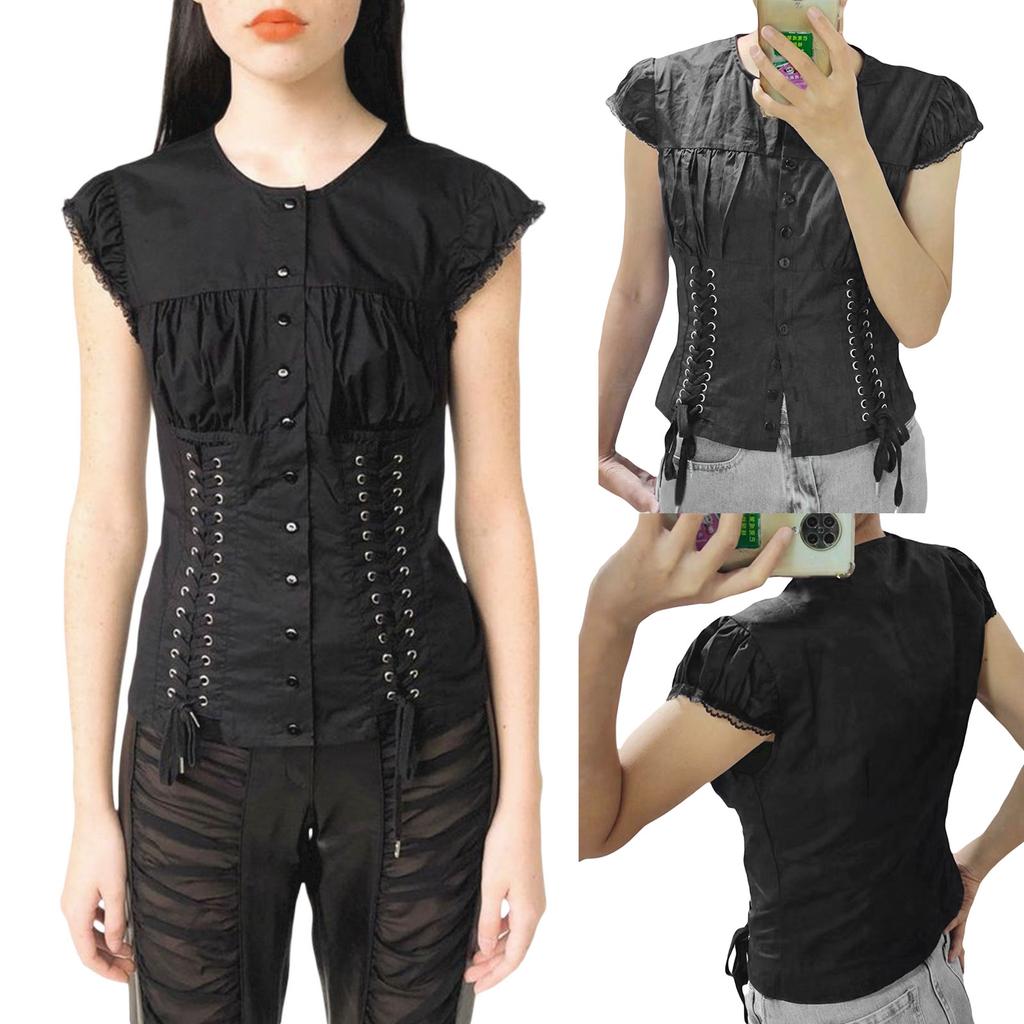 Women Lace Tops, 1/4 Sleeve Round Neck Ruffle Buttons Party Casual Spring Summer Black Shirt
