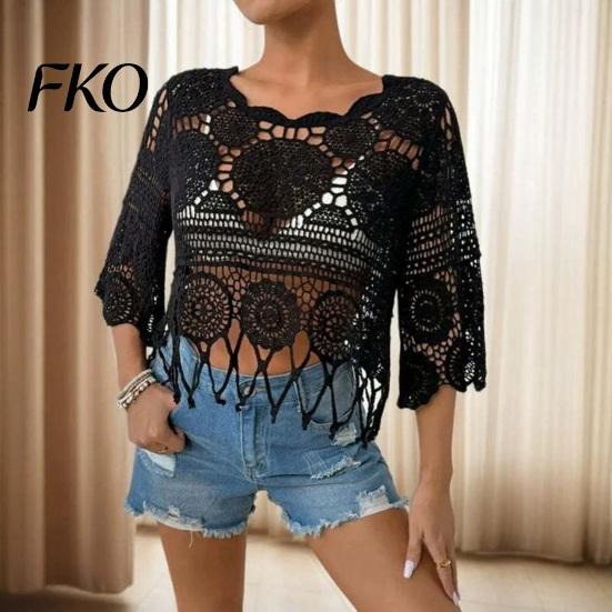 Spring Autumn Layering Top Women Crochet Tops, Round Neck 3/4 Flared Sleeves Cover Up, Hollow Lightweight Knit Blouse Sun Protection