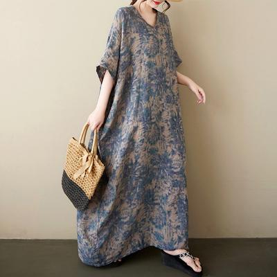 Летнее Новое Хлопково-Льняное Литературное и Ретро Платье с V-образным Вырезом, Принтом, Рукавами-Фонариками, Большого Размера, Повседневное, Внешнеторговое, Женское