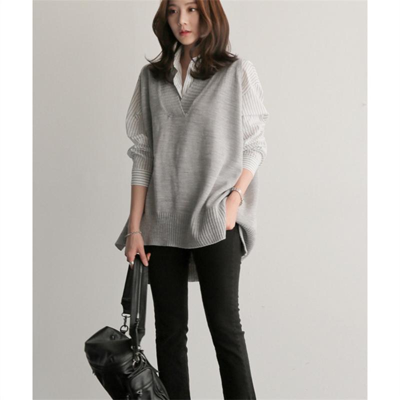 Женская синяя рубашка в стиле BF с отложным воротником, белый топ средней длины с длинными рукавами, однобортная осенняя свободная блузка в полоску в стиле ретро