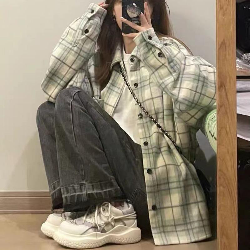 Long Sleeve Plaid Loose Fit Cotton Shirt For Women