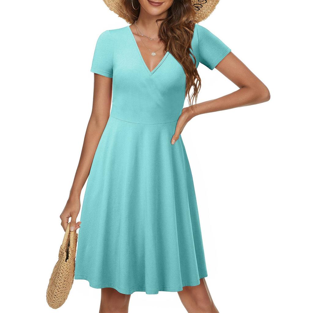 Женское повседневное модное однотонное платье трапециевидной формы с перекрестным v-образным вырезом и короткими рукавами и талией, большое свободное платье