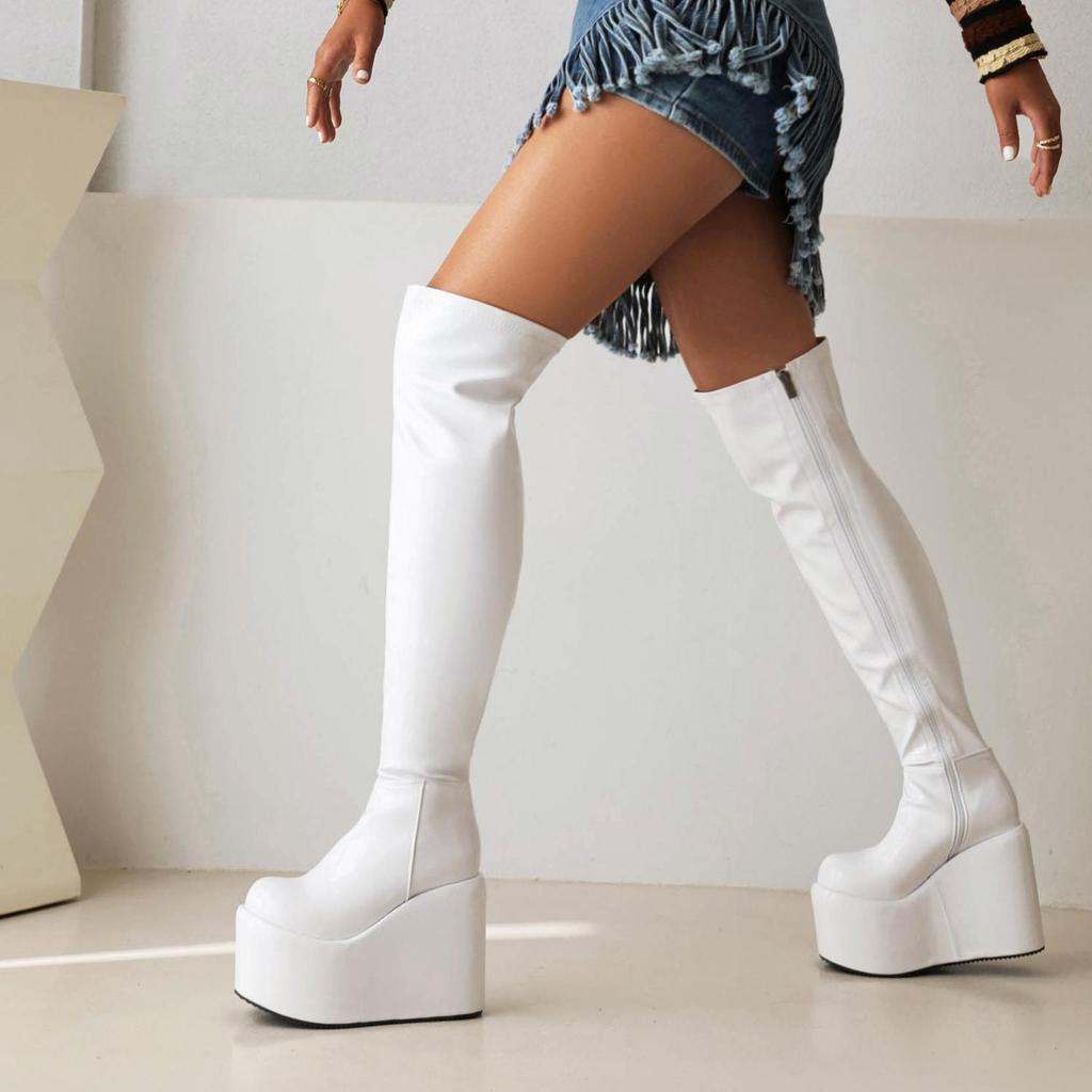 Krazing Pot PU Leather Spring Winter Keep Warm Shoes Super High Heels Waterproof Wedges Stretch Boots Zipper Women Over-the-knee Boots