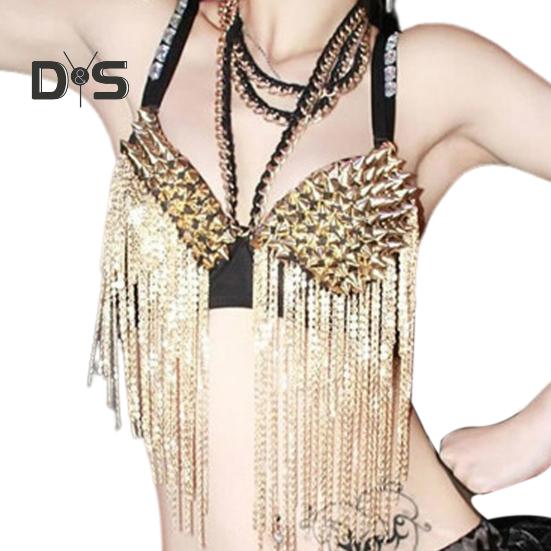 Женский бюстгальтер для выступлений с заклепками, декором, длинной кисточкой, бретельками-спагетти, для ночного клуба, вечеринок, стриптиза, шоу, коктейльных вечеринок