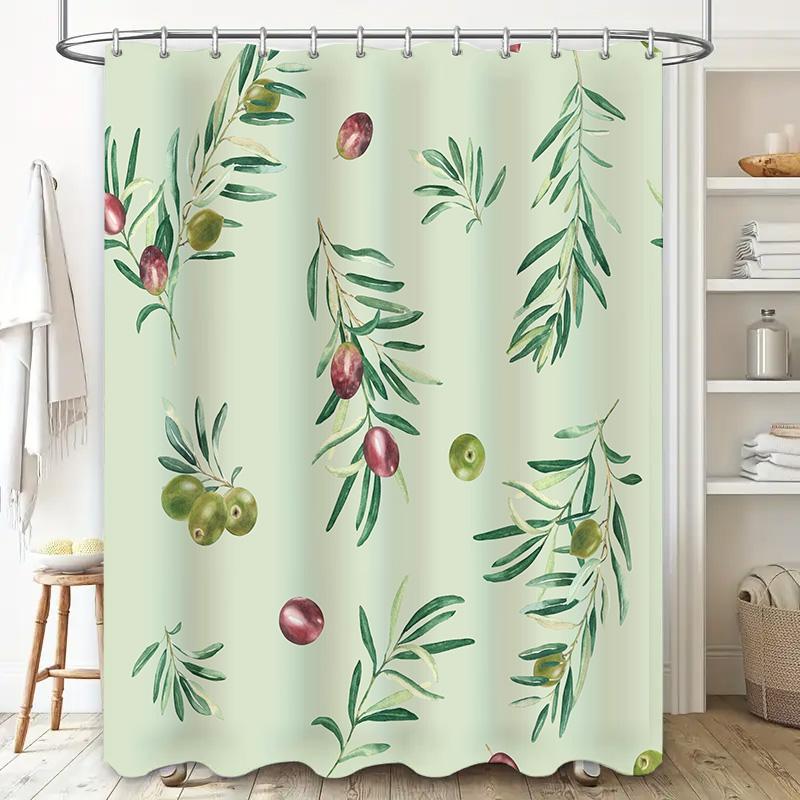 Green Leaves Bath Shower Curtain Olive Branch Waterproof Fabric Wall Hanging Decorative White Green Red Colors Pattern Design Pe