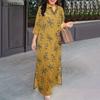 Women Turn Down Collar Casual Floral Print Loose 3/4 Sleeve Dress