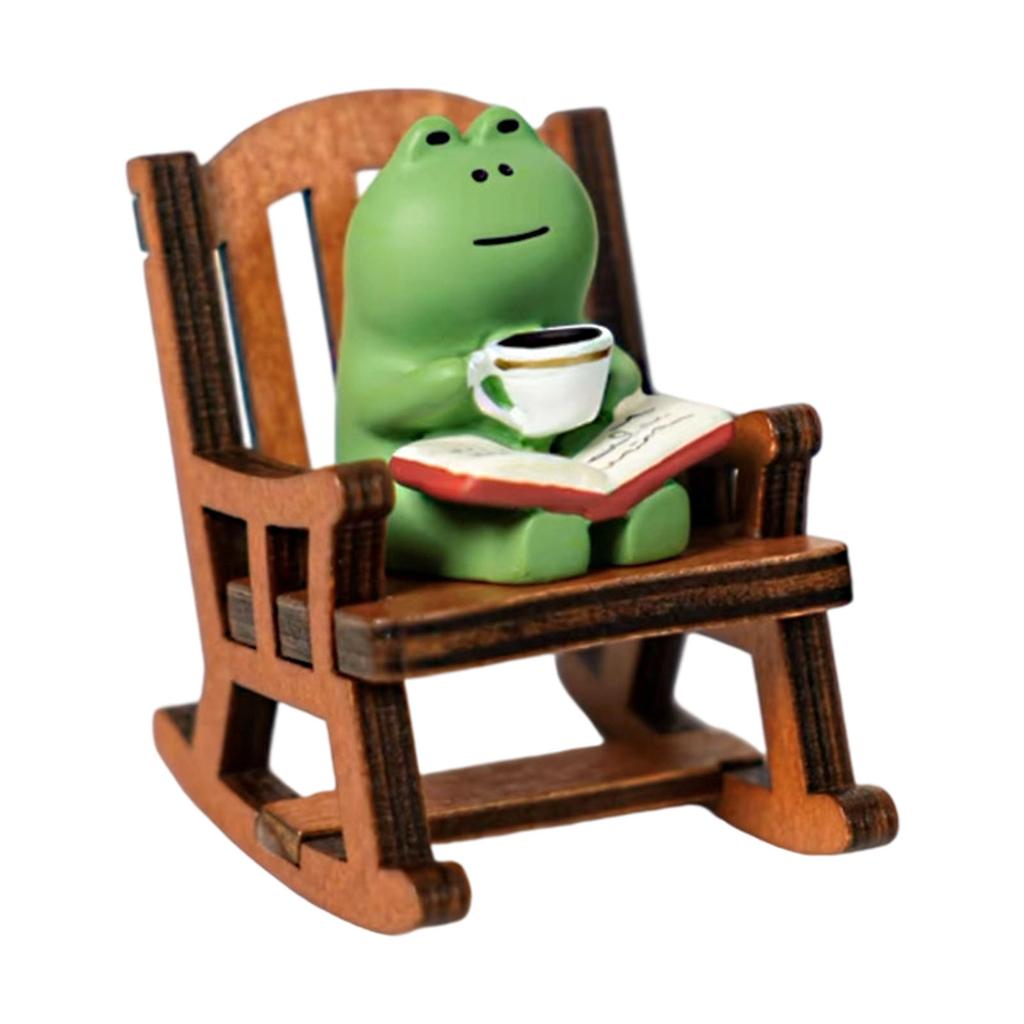 Coffee Frog with Rocking Chair Resin Figurine Miniature Desk Decors Ornament For Home Office Garden Landscape Decoration
