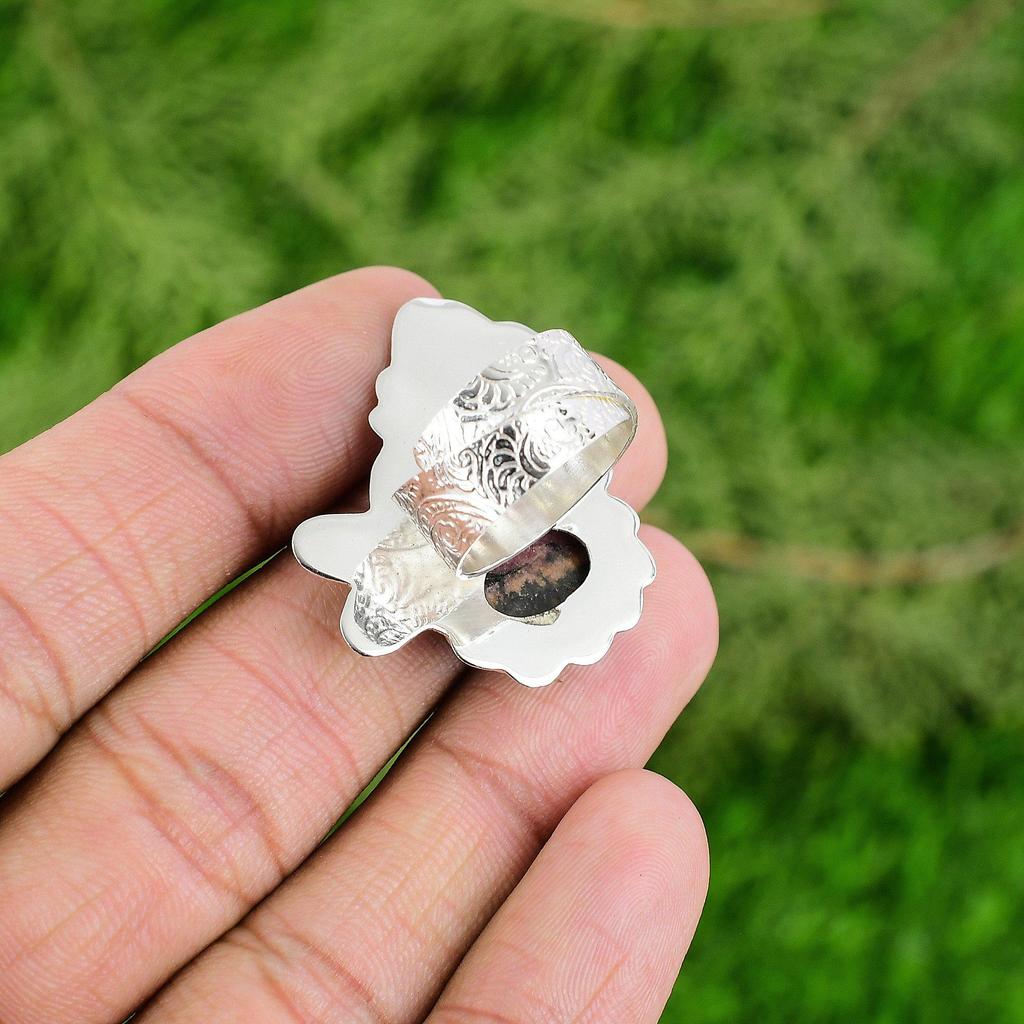 Natural Rhodonite Gemstone Stackable Adjustable Ring 925 Silver For Women