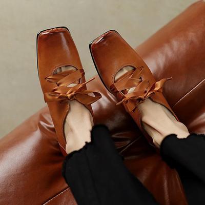 Кожа коровы 2025 Весна Размер 40 Толстый Низкий Каблук Женские Квадратный Носок Полые Украшения Летние Лоферы