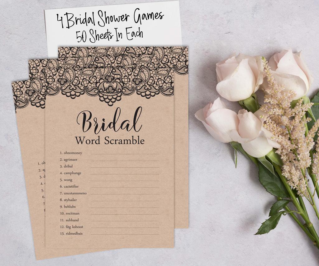 Inkdotpot Bachelorette Party Games Set Bundle Victorian Black Lace Kraft Of 4(50 Sheets Each) w Miss to Mrs Gold Banner Fun Bridal Shower Games