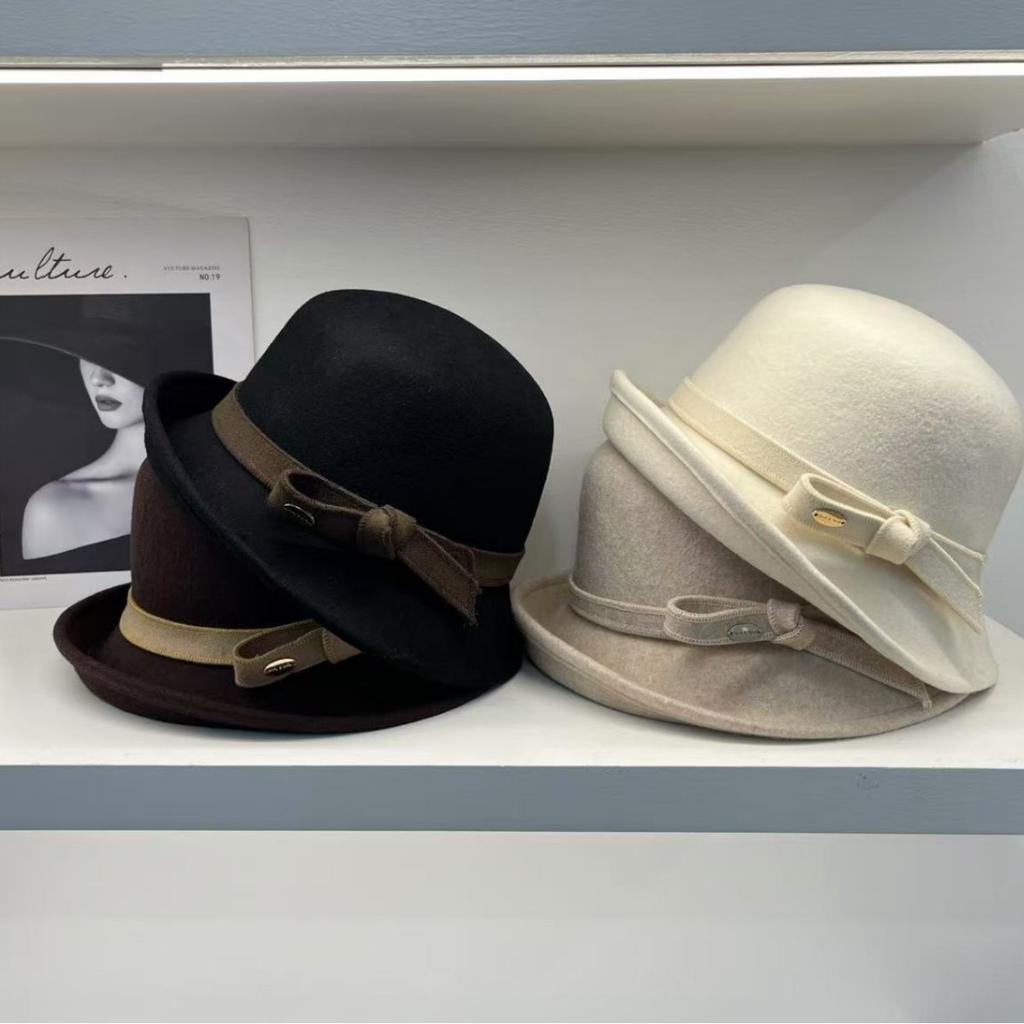 % Pure wool French Hepburn style fisherman's hat children autumn and winter warped edge decorative bow basin hat foreign style top hat