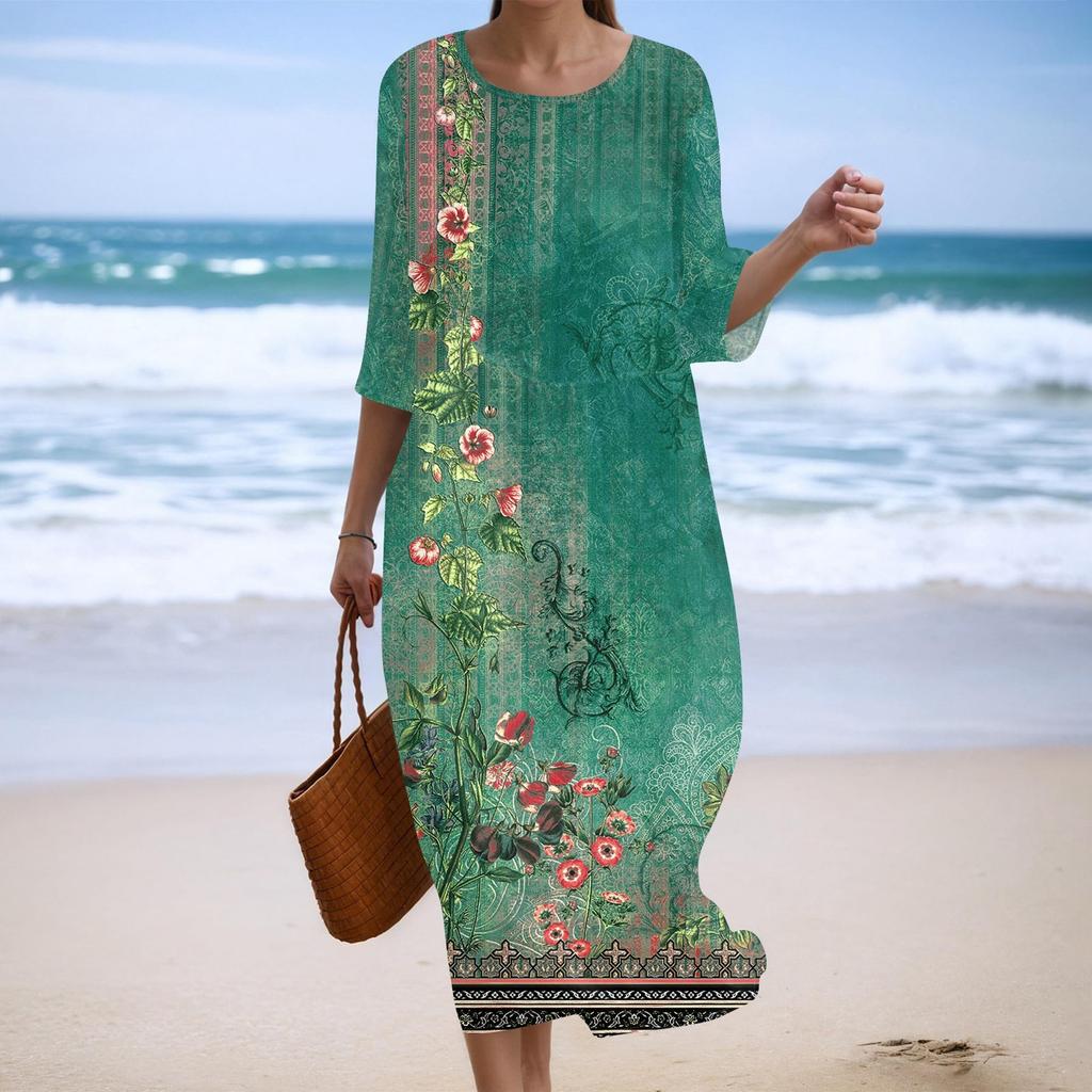 Women's Fashionable Printed Round Neck Seven Quarter Sleeve Loose Dress
