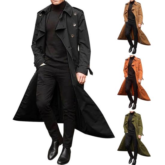 Men Trench Coat Lapel Long Sleeve Solid Color Windbreaker Double Breasted Long Style Outdoor Business Outwear