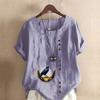 Women's Fashion Round Neck Short Sleeve T-shirt Casual Cotton Linen Graphic Shirt Leisure Loose Crow Prined Summer Blouse Tops