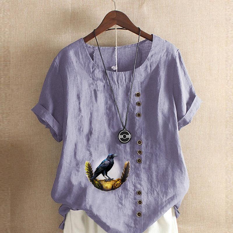 Women's Fashion Round Neck Short Sleeve T-shirt Casual Cotton Linen Graphic Shirt Leisure Loose Crow Prined Summer Blouse Tops