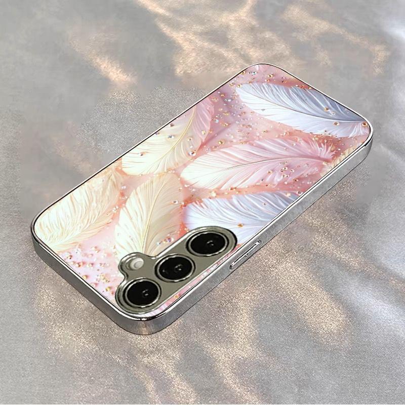 Позолоченный чехол из закаленного стекла для телефона Samsung Galaxy S26 S25 S24 S23 и S22 Ultra Plus. Дизайн с розовыми перьями.