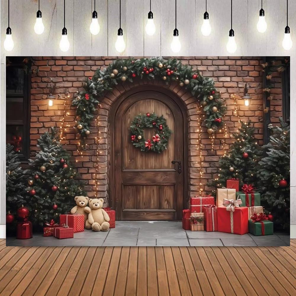 Christmas Theme Photography Backdrop Wooden House Brickwall Candy Gifts Xmas Tree Decors Birthday Family Party Photo Background10