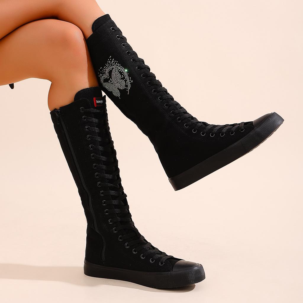 Женские длинные ботильоны до щиколотки, модные и удобные парусиновые сапоги до середины икры для девочек, подходящие для посещения вечеринок и повседневных прогулок