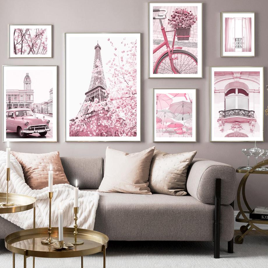 Pink Flower Balcony Tower Paris Car Bicycle Umbrella Wall Art Print Canvas Painting Nordic Poster Decor Pictures For Living Room
