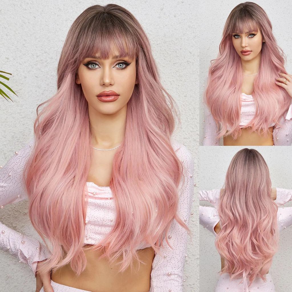 Длинные объемные волнистые синтетические парики, черный, фиолетовый, розовый, омбре, светло-персиковый розовый парик для женщин, повседневная вечеринка, косплей, термостойкий