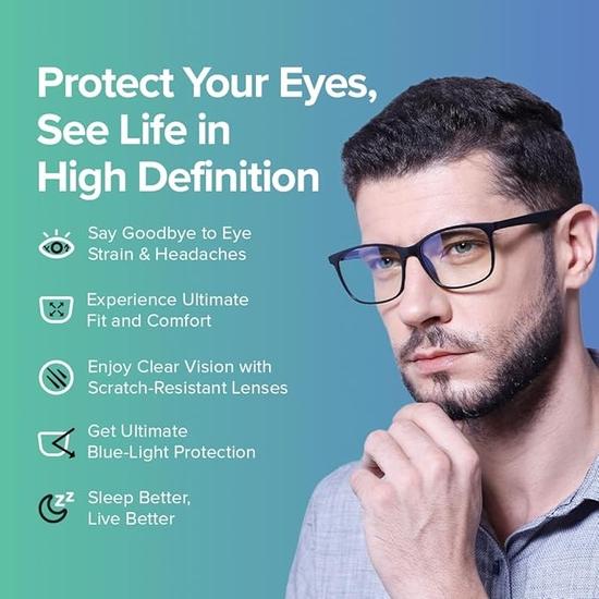 Intellilens | Компьютерные очки Zero Power Blue Cut | Антибликовое покрытие, легкие | Защита от ультрафиолета | Унисекс | Черный | Квадратный | Средний