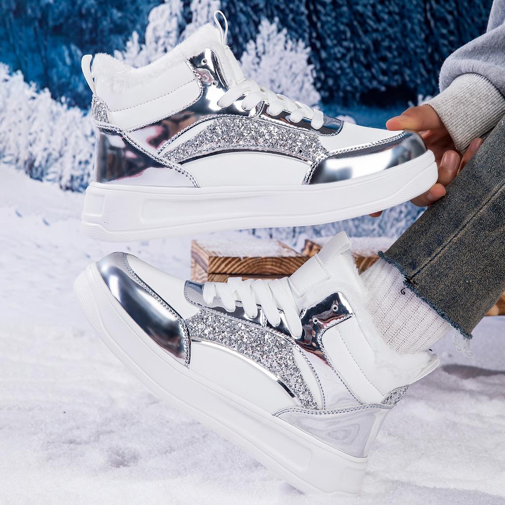 TUINANLE Winter Plush Shoes Women High Top Sneakers Lace Up Warm Bling Shoes