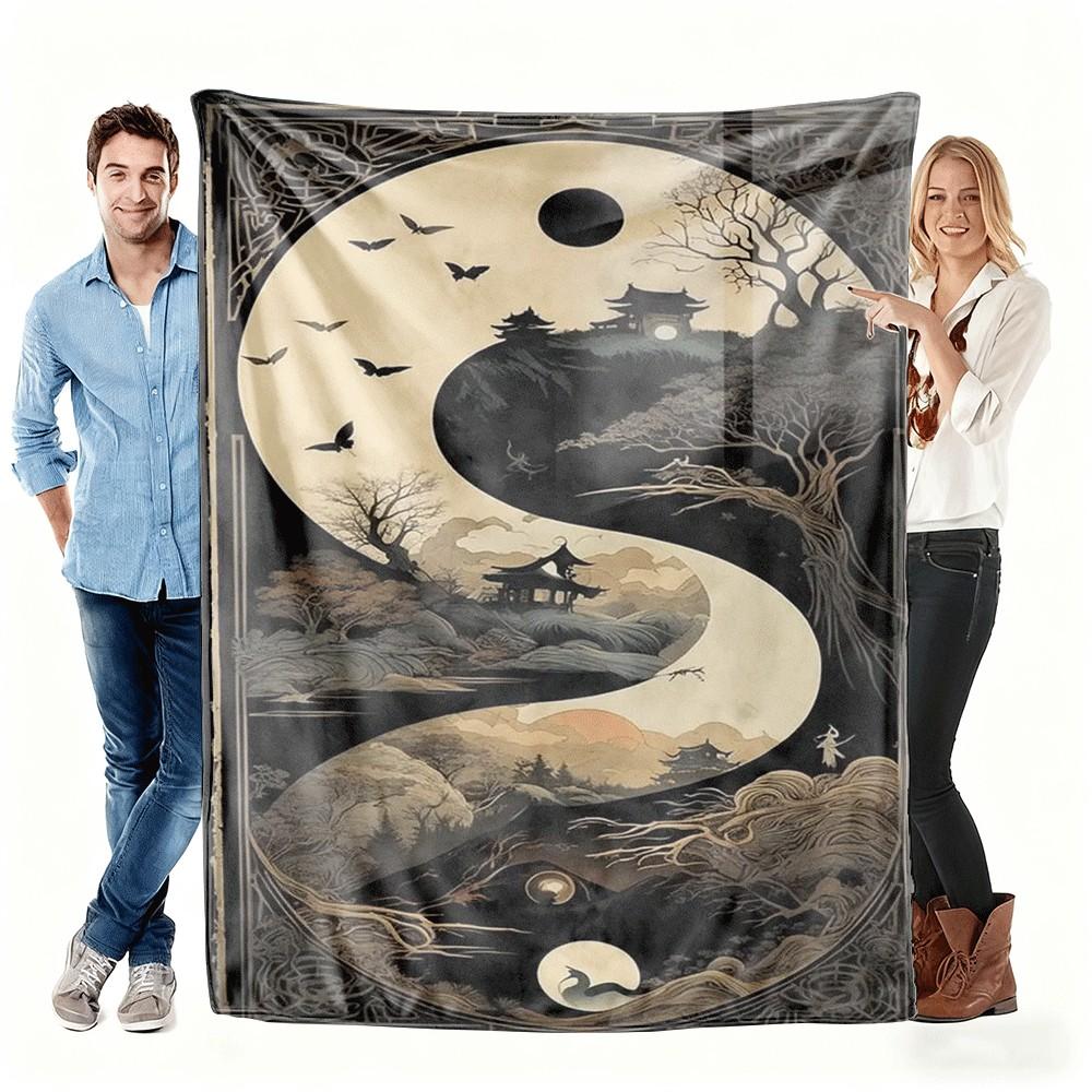 YinYang Asian Landscape Pattern Flannel printed blanket suitable for all seasons suitable living room office sofa and travel
