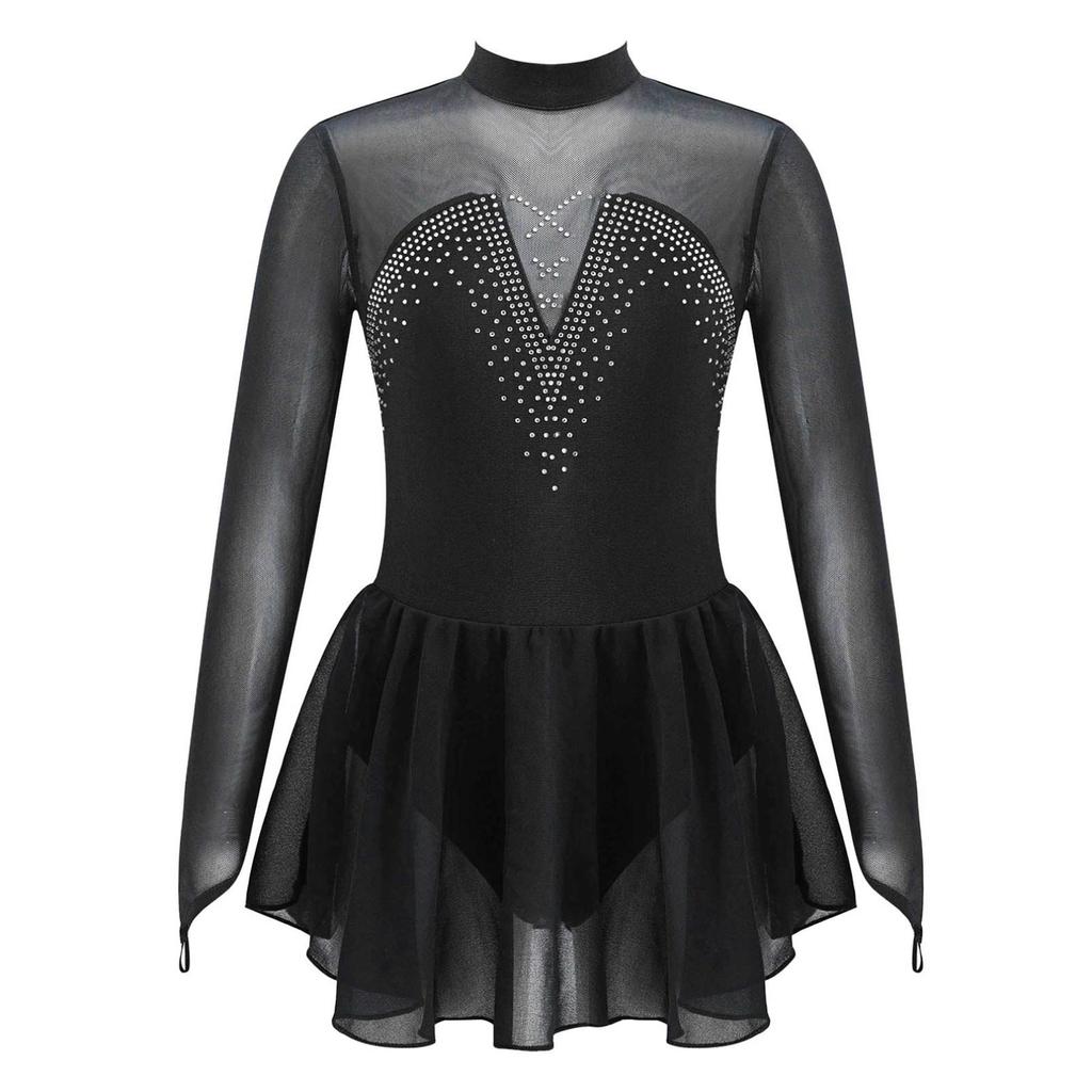 Kids Girls Sparkle Mesh Splice Figure Ice Skating Dress Gymnastic Dance Leotard Tutu Skirt Performance Dancewear