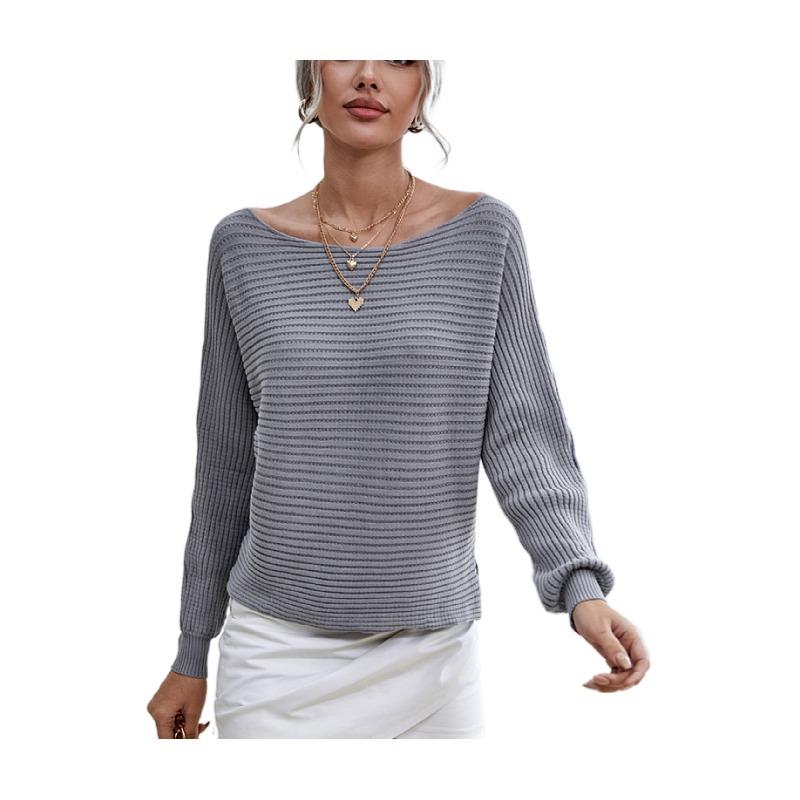Spring and Autumn Women Long Sleeves Solid Color Knitwear Loose Pullover Sweater Sexy Open-shoulder Design Fashion Knit Top