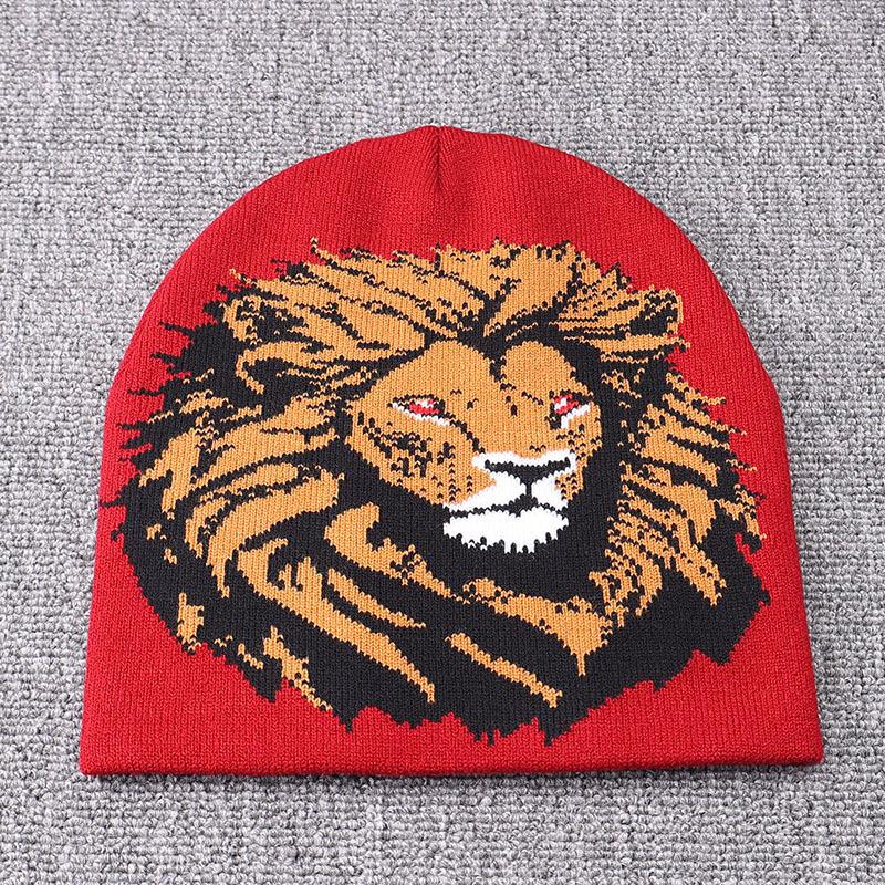 Jacquard Knitted Hat Hip Hop Warm Lion Animal Pattern Ear Protection Bag Head Pullover Cold Hat Brimless Wool Hat