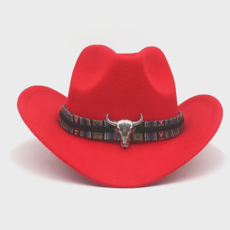Western Cowboy-Style Wool Felt Hat with Bull Head Accent - Tibetan-Inspired Autumn/Winter Jazz Hat