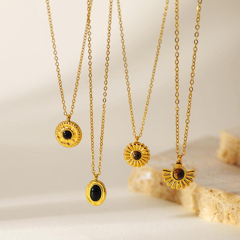 French Vintage Sunflower Pendant Necklace Women Minimalist Gold Chain Natural Stone Collarbone Jewelry