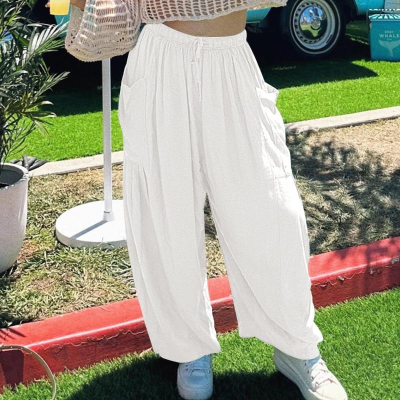 Women Plus Size Wide Leg Linen Pants Middle Waist Summer Baggy Pants